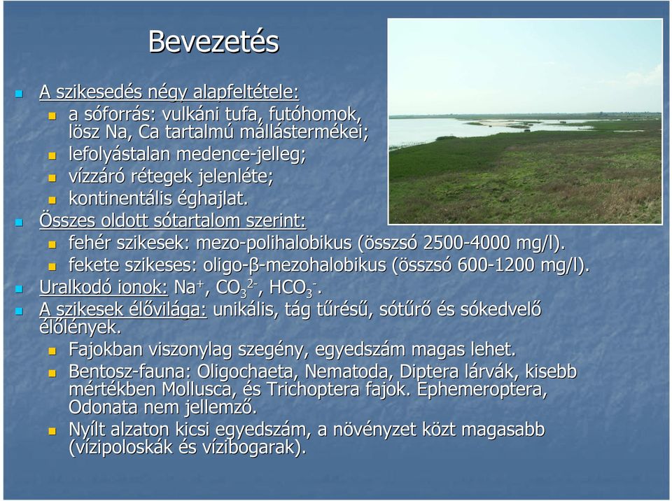 Uralkodó ionok: Na +, CO 2-3, HCO 3-. A szikesek élővilága: unikális lis,, tág t g tűrésű, t sótűrő és sókedvelő élőlények. Fajokban viszonylag szegény, egyedszám m magas lehet.