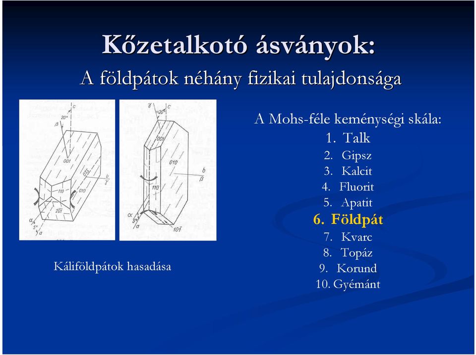 keménységi skála: 1. Talk 2. Gipsz 3. Kalcit 4.