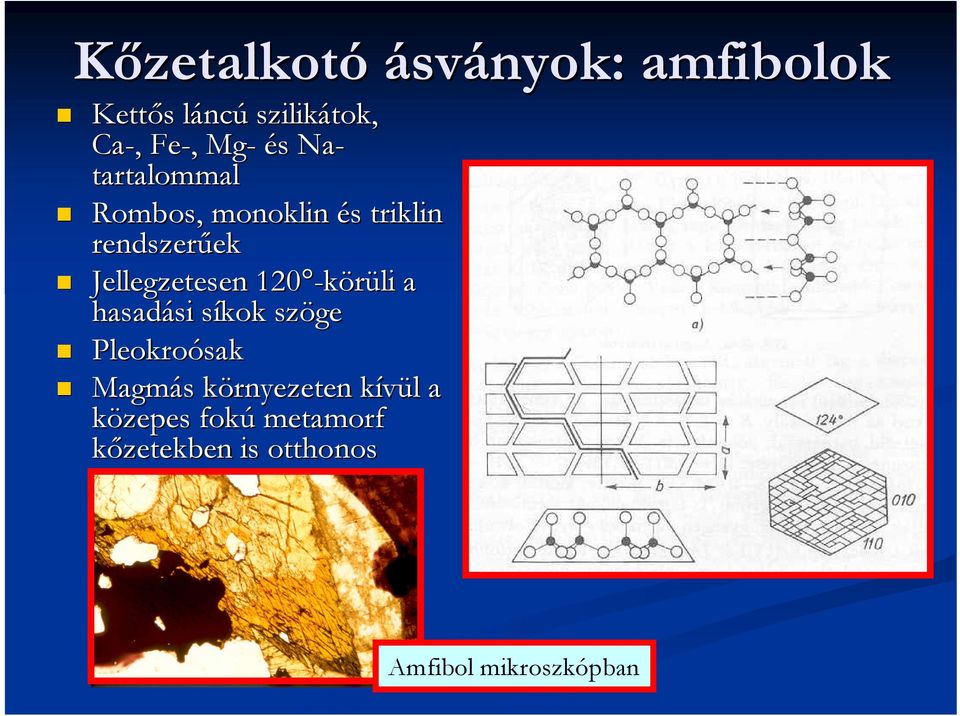 Jellegzetesen 120 -körüli a hasadási síkok szöge Pleokroósak Magmás