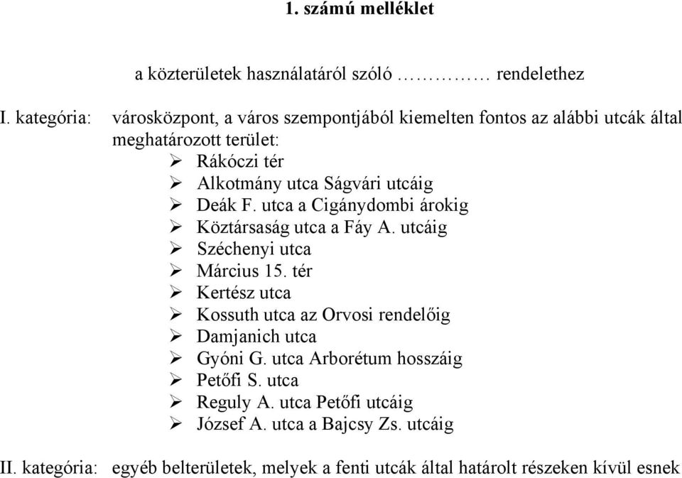 utcáig Deák F. utca a Cigánydombi árokig Köztársaság utca a Fáy A. utcáig Széchenyi utca Március 15.