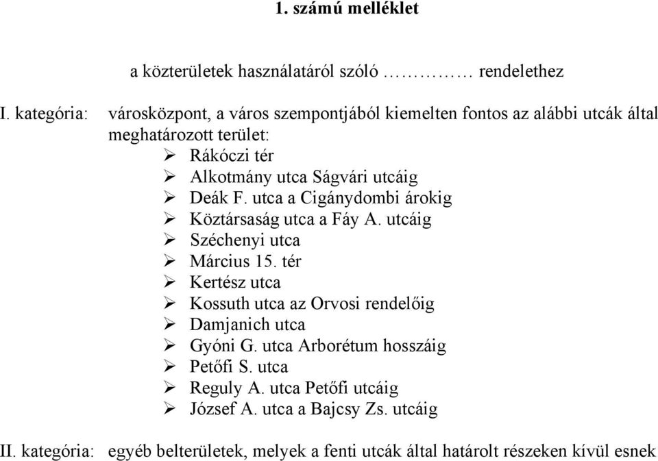 utcáig Deák F. utca a Cigánydombi árokig Köztársaság utca a Fáy A. utcáig Széchenyi utca Március 15.