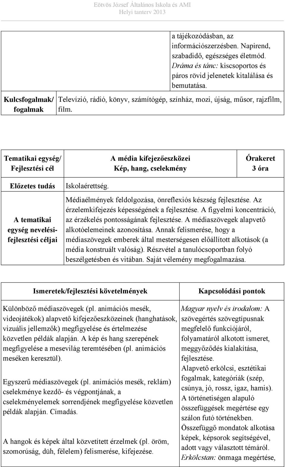 Médiaélmények feldolgozása, önreflexiós készség fejlesztése. Az érzelemkifejezés képességének a fejlesztése. A figyelmi koncentráció, az érzékelés pontosságának fejlesztése.