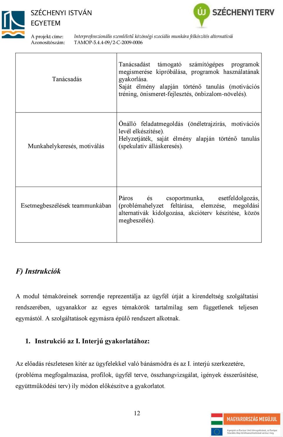 Helyzetjáték, saját élmény alapján történő tanulás (spekulatív álláskeresés).