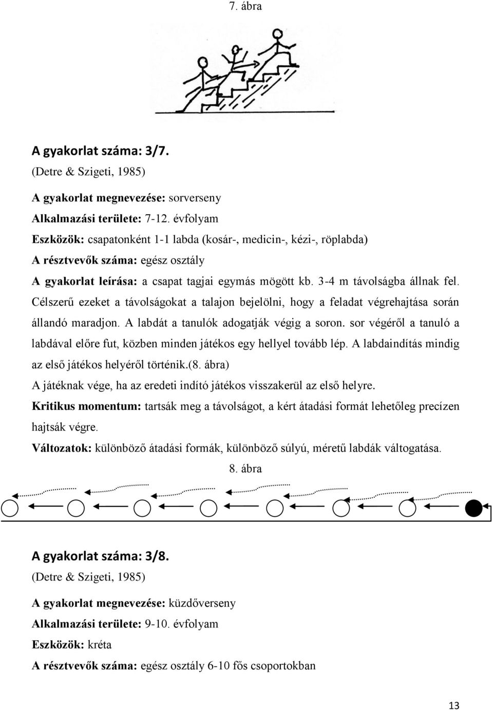 Célszerű ezeket a távolságokat a talajon bejelölni, hogy a feladat végrehajtása során állandó maradjon. A labdát a tanulók adogatják végig a soron.