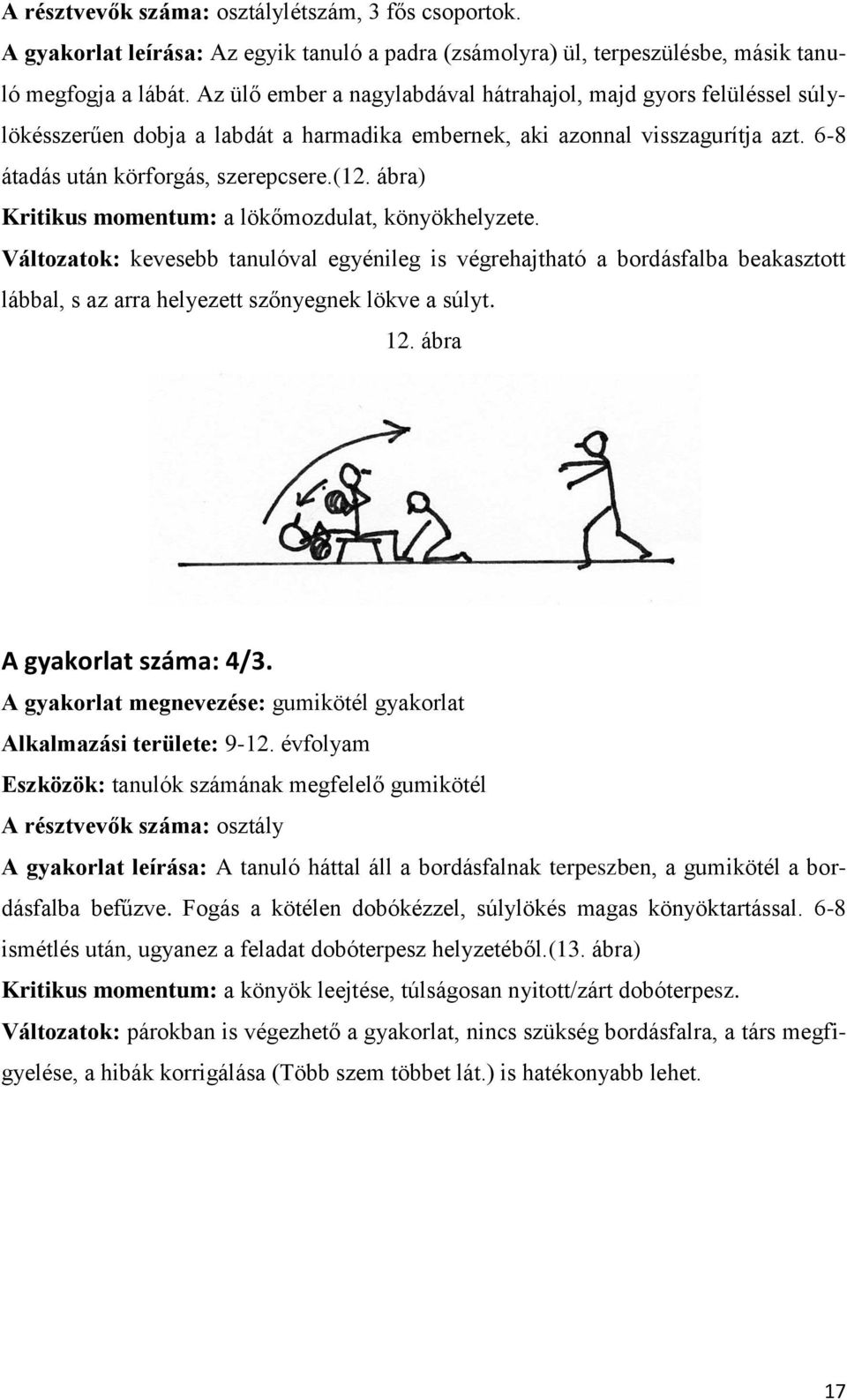 ábra) Kritikus momentum: a lökőmozdulat, könyökhelyzete. Változatok: kevesebb tanulóval egyénileg is végrehajtható a bordásfalba beakasztott lábbal, s az arra helyezett szőnyegnek lökve a súlyt. 12.