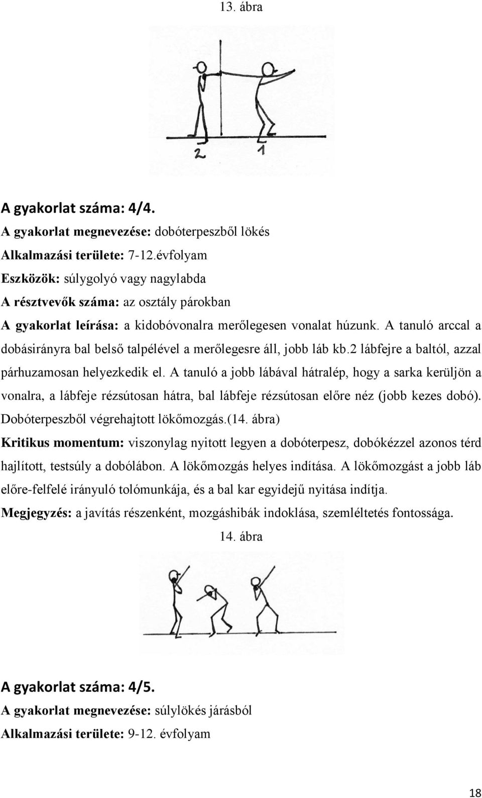 A tanuló arccal a dobásirányra bal belső talpélével a merőlegesre áll, jobb láb kb.2 lábfejre a baltól, azzal párhuzamosan helyezkedik el.