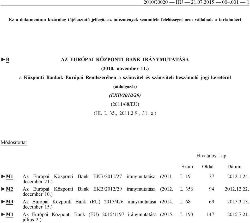 ) Módosította: Hivatalos Lap Szám Oldal Dátum M1 Az Európai Központi Bank EKB/2011/27 iránymutatása (2011. december 21.) M2 Az Európai Központi Bank EKB/2012/29 iránymutatása (2012. december 10.