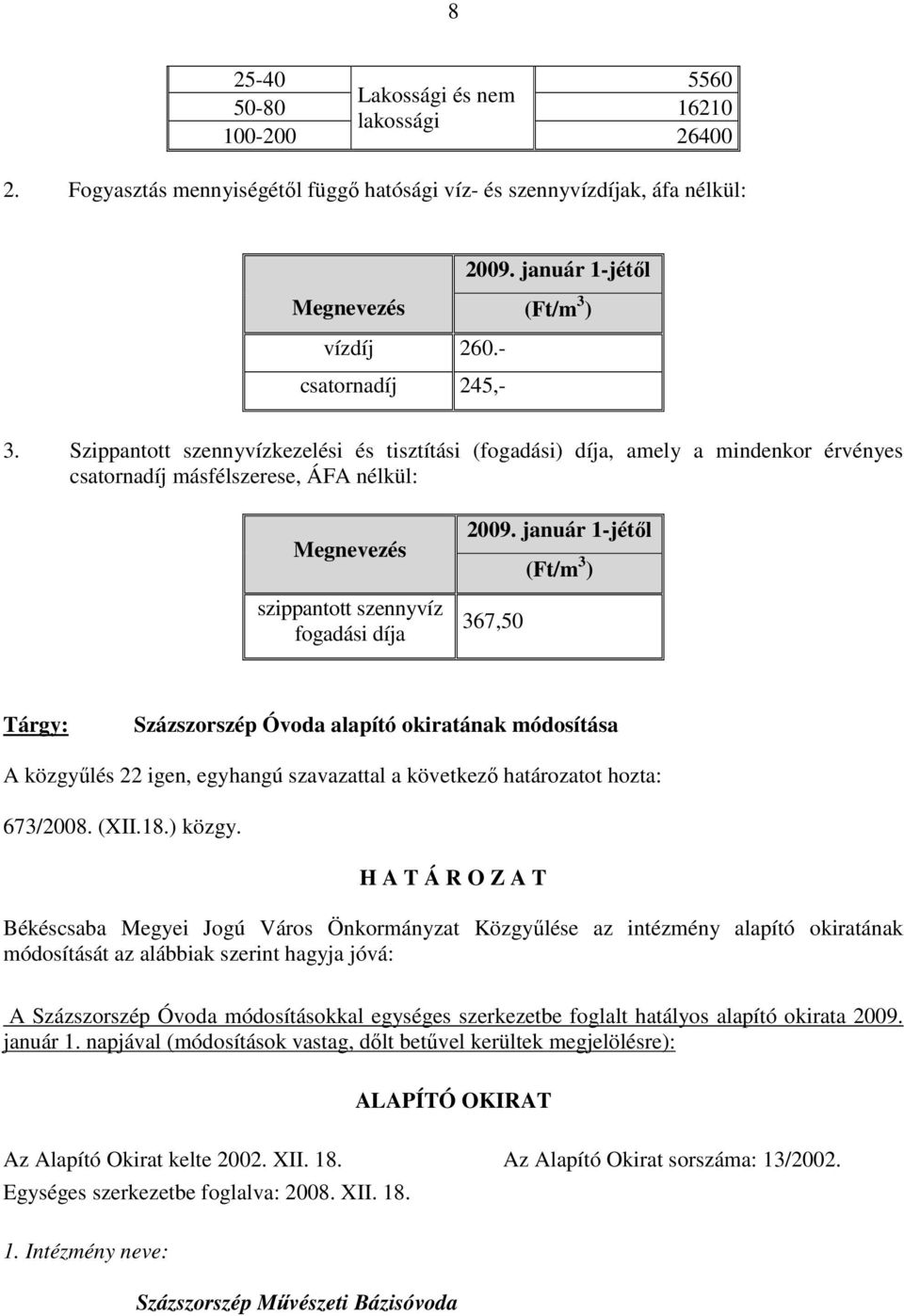 Szippantott szennyvízkezelési és tisztítási (fogadási) díja, amely a mindenkor érvényes csatornadíj másfélszerese, ÁFA nélkül: Megnevezés szippantott szennyvíz fogadási díja 2009.