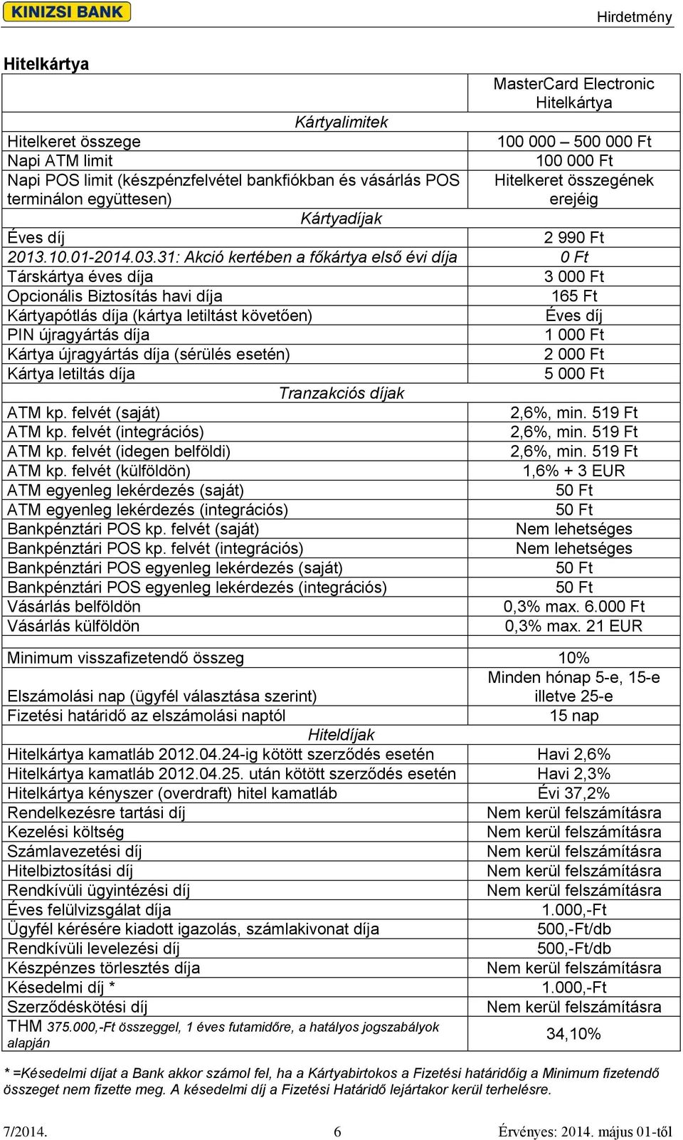 31: Akció kertében a főkártya első évi díja 0 Ft Társkártya éves díja 3 000 Ft Opcionális Biztosítás havi díja 165 Ft Kártyapótlás díja (kártya letiltást követően) Éves díj PIN újragyártás díja 1 000