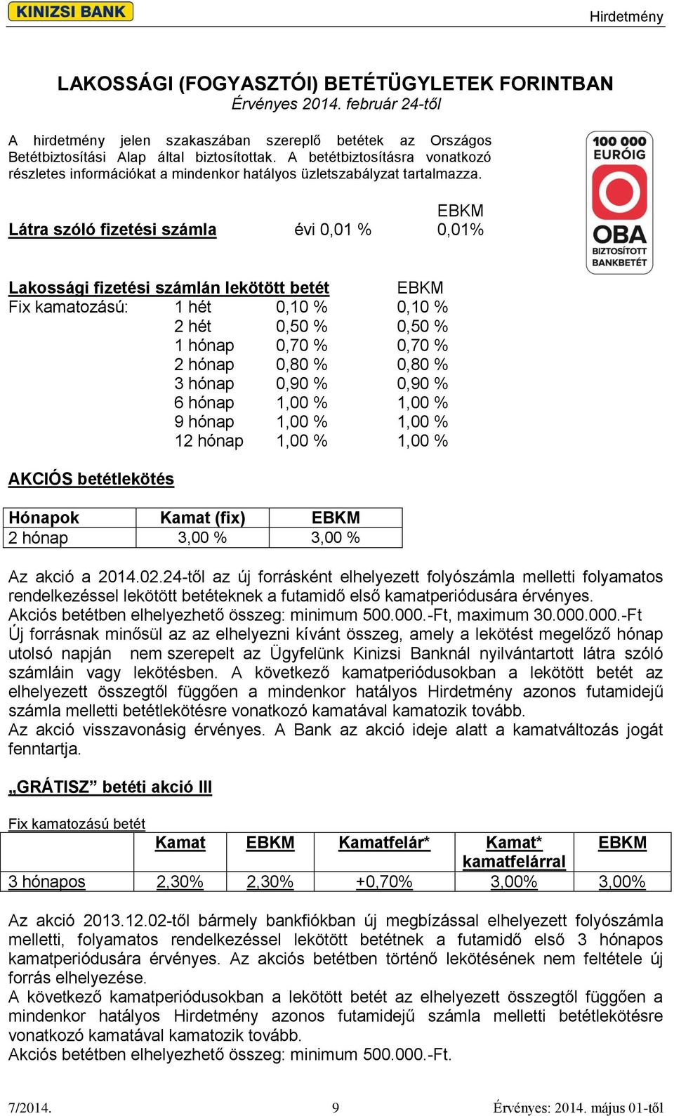 EBKM Látra szóló fizetési számla évi 0,01 % 0,01% Lakossági fizetési számlán lekötött betét EBKM Fix kamatozású: 1 hét 0,10 % 0,10 % 2 hét 0,50 % 0,50 % 1 hónap 0,70 % 0,70 % 2 hónap 0,80 % 0,80 % 3