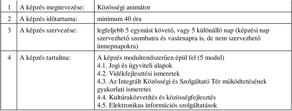 képzés modulrendszerűen épül fel (5 modul) 4.1. Jogi és ügyviteli alapok 4.2. Vidékfejlesztési ismeretek 4.3.