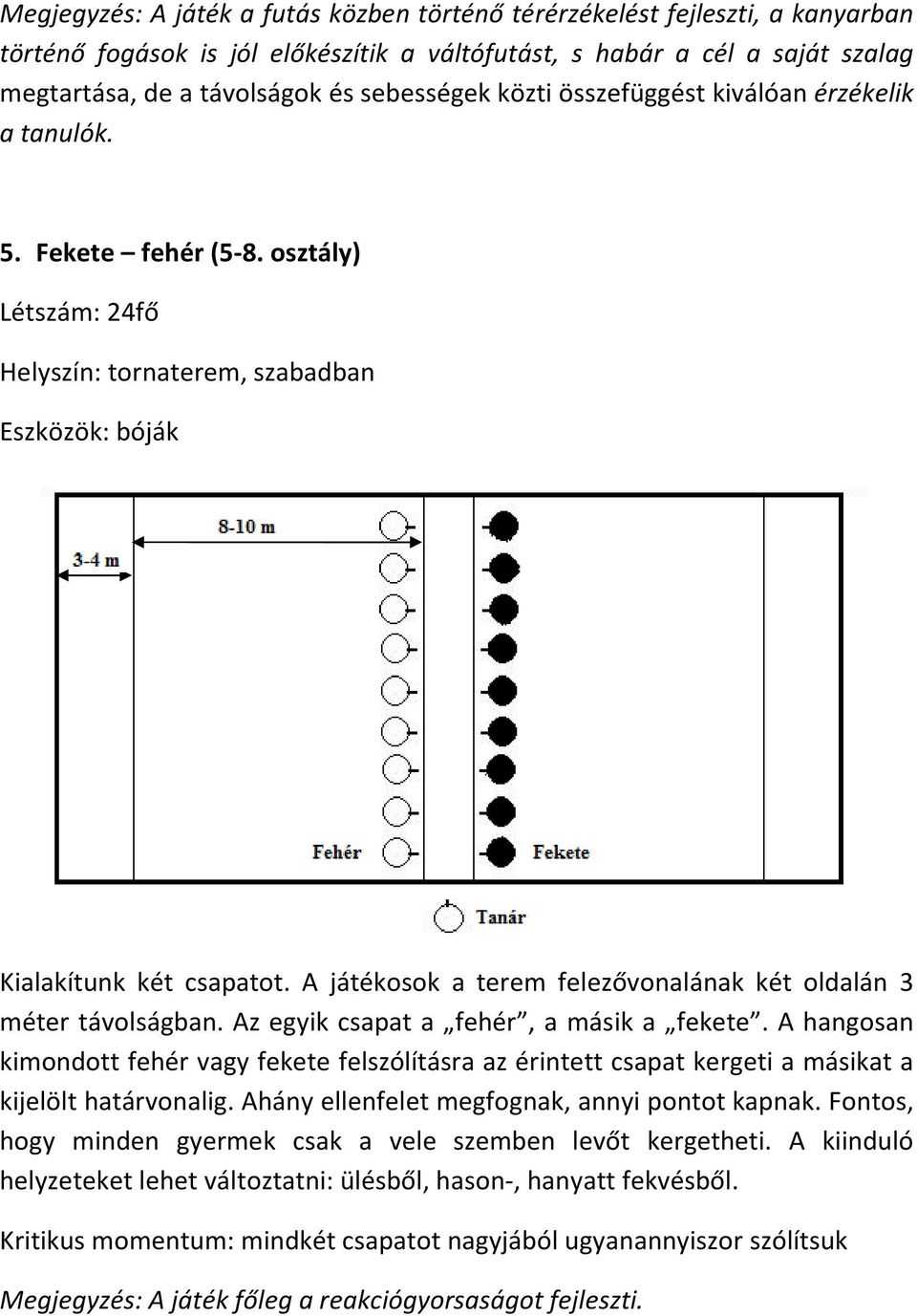 A játékosok a terem felezővonalának két oldalán 3 méter távolságban. Az egyik csapat a fehér, a másik a fekete.