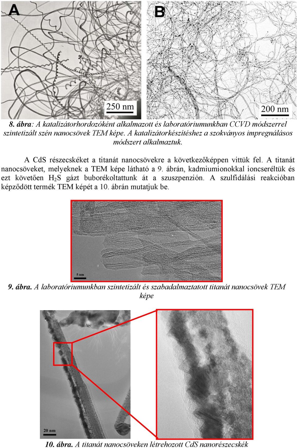 A titanát nanocsöveket, melyeknek a TEM képe látható a 9. ábrán, kadmiumionokkal ioncseréltük és ezt követően H 2 S gázt buborékoltattunk át a szuszpenzión.