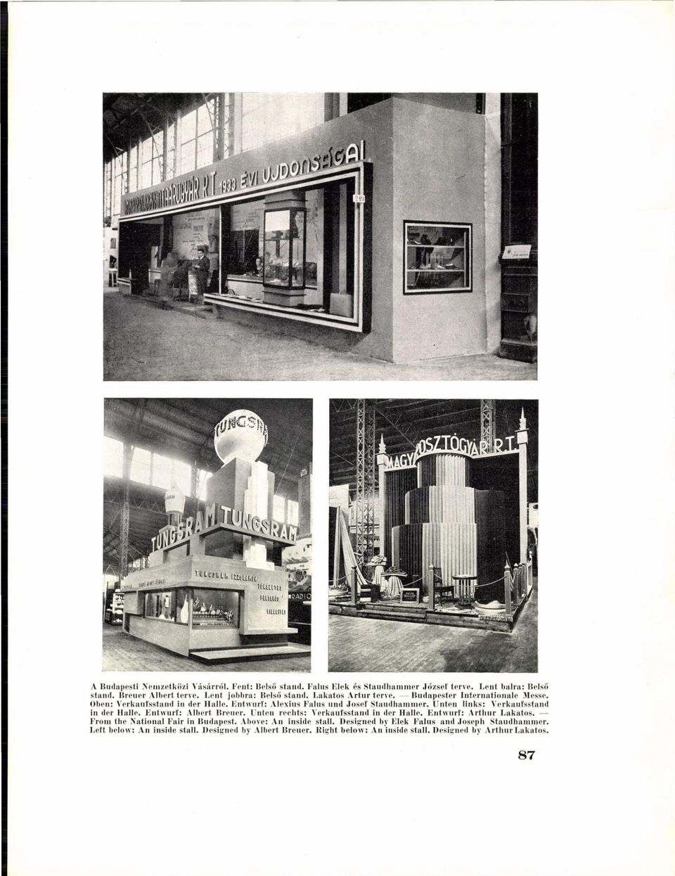 Unten links: Verkaufsstand in der Halle. Entwurf: Albert Breuer. Unten rechts: Verkaufsstand in der Halle. Entwurf: Arthur Lakatos.