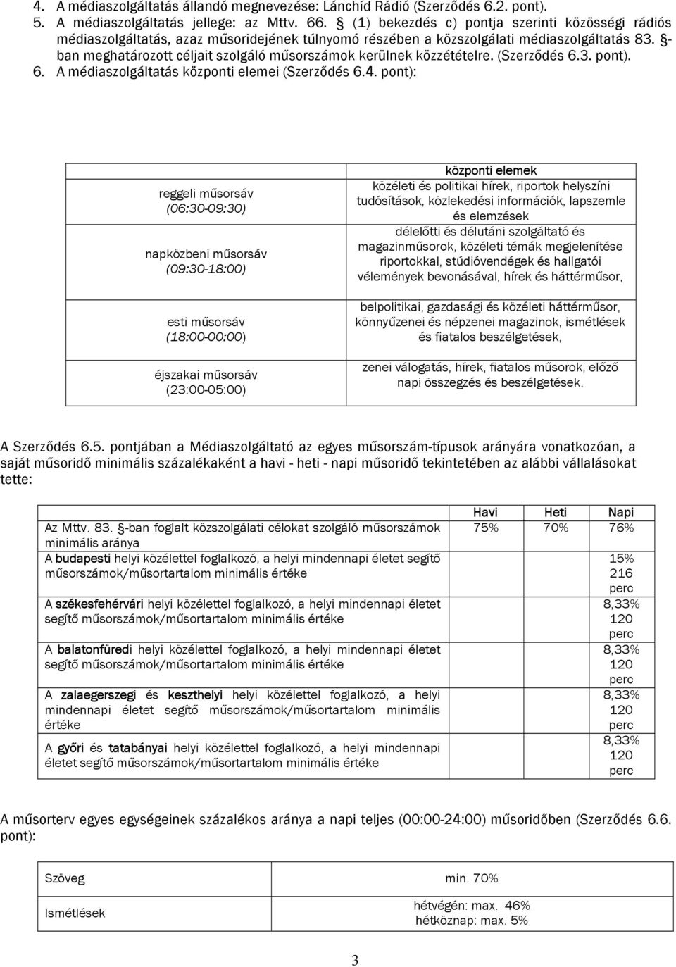 - ban meghatározott céljait szolgáló műsorszámok kerülnek közzétételre. (Szerződés 6.3. pont). 6. A médiaszolgáltatás központi elemei (Szerződés 6.4.