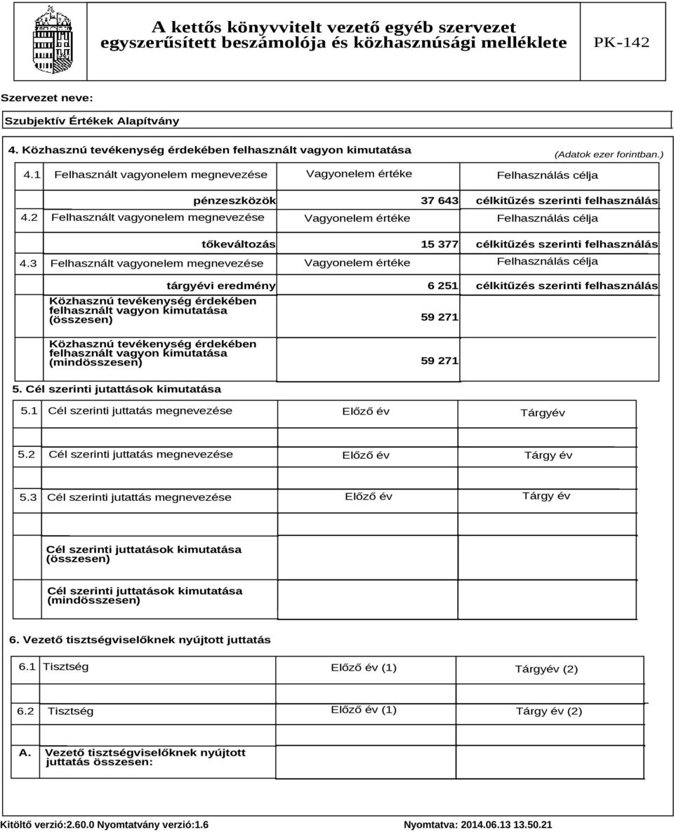 3 Felhasznált vagyonelem megnevezése Vagyonelem értéke Felhasználás célja Közhasznú tevékenység érdekében felhasznált vagyon kimutatása (összesen) pénzeszközök 37 643 célkitűzés szerinti felhasználás
