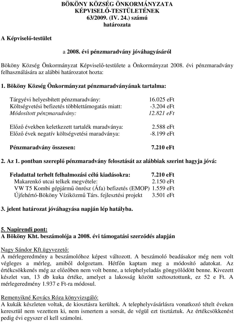 Bököny Község Önkormányzat pénzmaradványának tartalma: Tárgyévi helyesbített pénzmaradvány: Költségvetési befizetés többlettámogatás miatt: Módosított pénzmaradvány: Előző években keletkezett