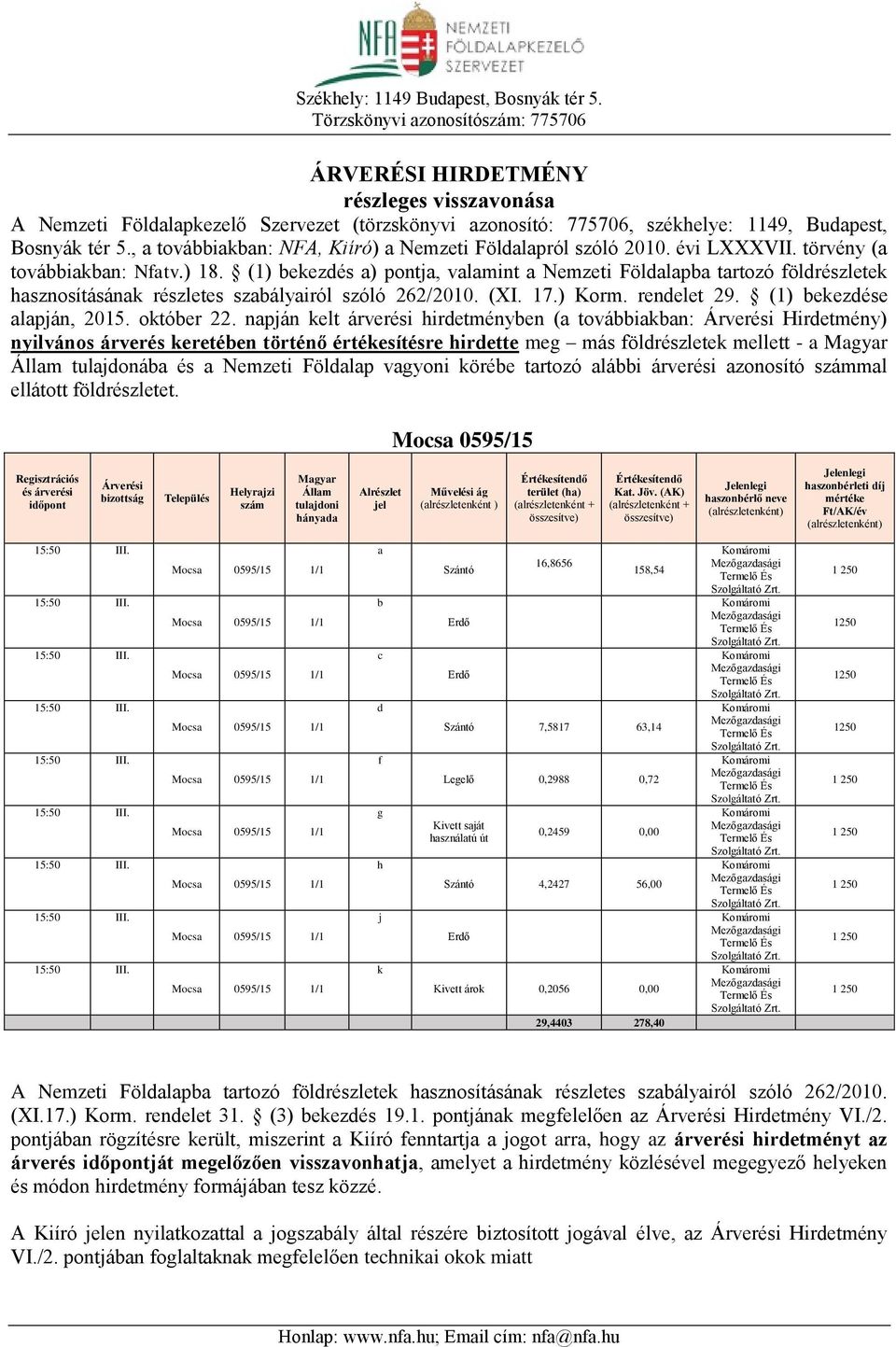 , a továbbiakban: NFA, Kiíró) a Nemzeti Földalapról szóló 2010. évi LXXXVII. törvény (a továbbiakban: Nfatv.) 18.