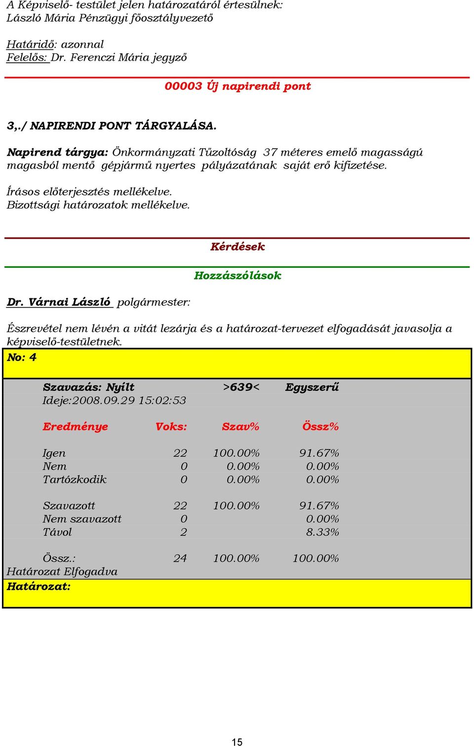 Bizottsági határozatok mellékelve. Kérdések Hozzászólások Észrevétel nem lévén a vitát lezárja és a határozat-tervezet elfogadását javasolja a képviselő-testületnek.