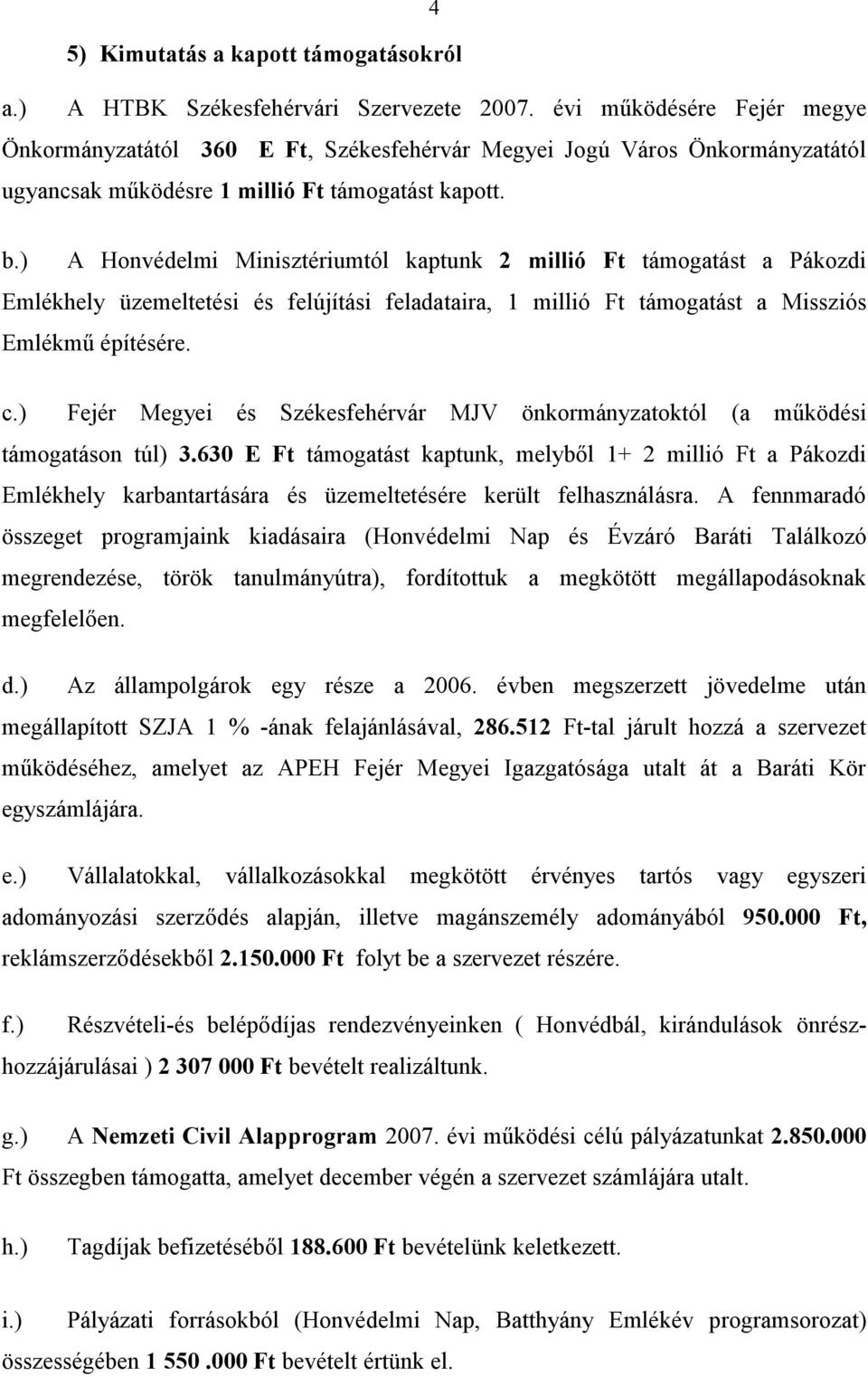 ) A Honvédelmi Minisztériumtól kaptunk 2 millió Ft támogatást a Pákozdi Emlékhely üzemeltetési és felújítási feladataira, 1 millió Ft támogatást a Missziós Emlékmű építésére. c.