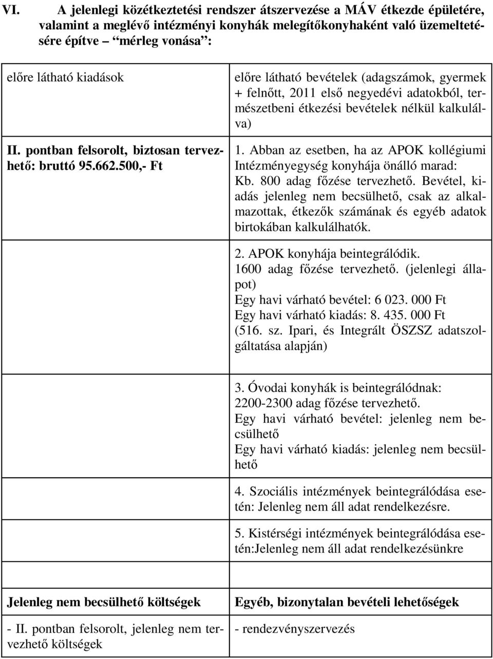 500,- Ft előre látható bevételek (adagszámok, gyermek + felnőtt, 2011 első negyedévi adatokból, természetbeni étkezési bevételek nélkül kalkulálva) 1.