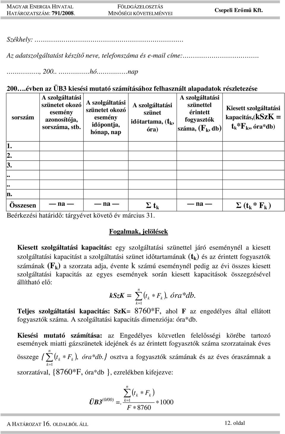 érintett sorszám azonosítója, esemény sorszáma, stb. idıpontja, idıtartama, (t k, fogyasztók hónap, na