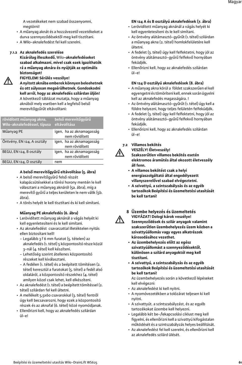 Sérülés veszélye! A nyitott aknába emberek könnyen beleehetnek és ott súlyosan megsérülhetnek. Gondoskodni kell arról, hogy az aknalefedés szilárdan üljön!