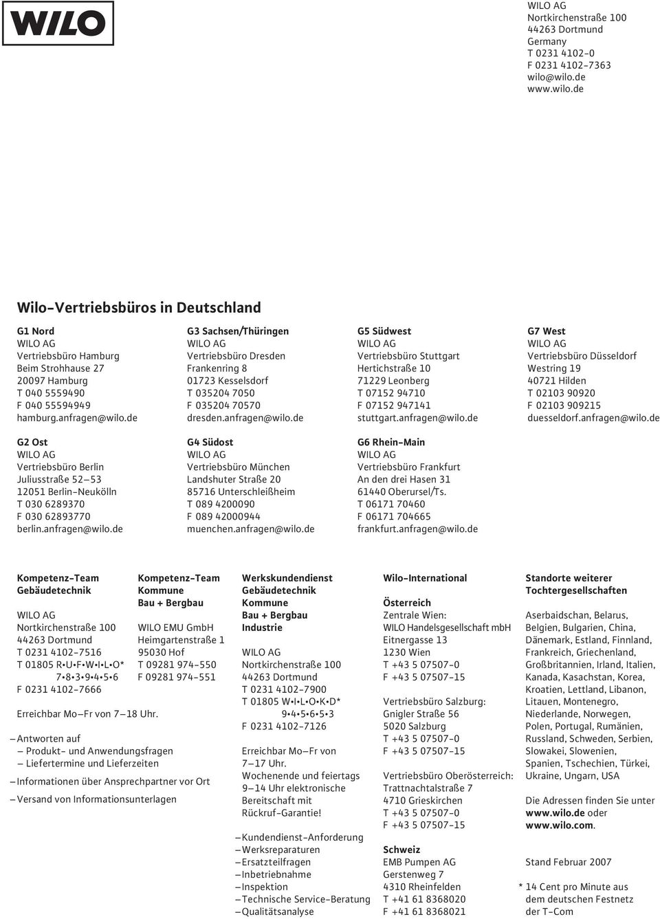 de G3 Sachsen/Thüringen Vertriebsbüro Dresden Frankenring 8 01723 Kesselsdorf T 035204 7050 F 035204 70570 dresden.anfragen@wilo.