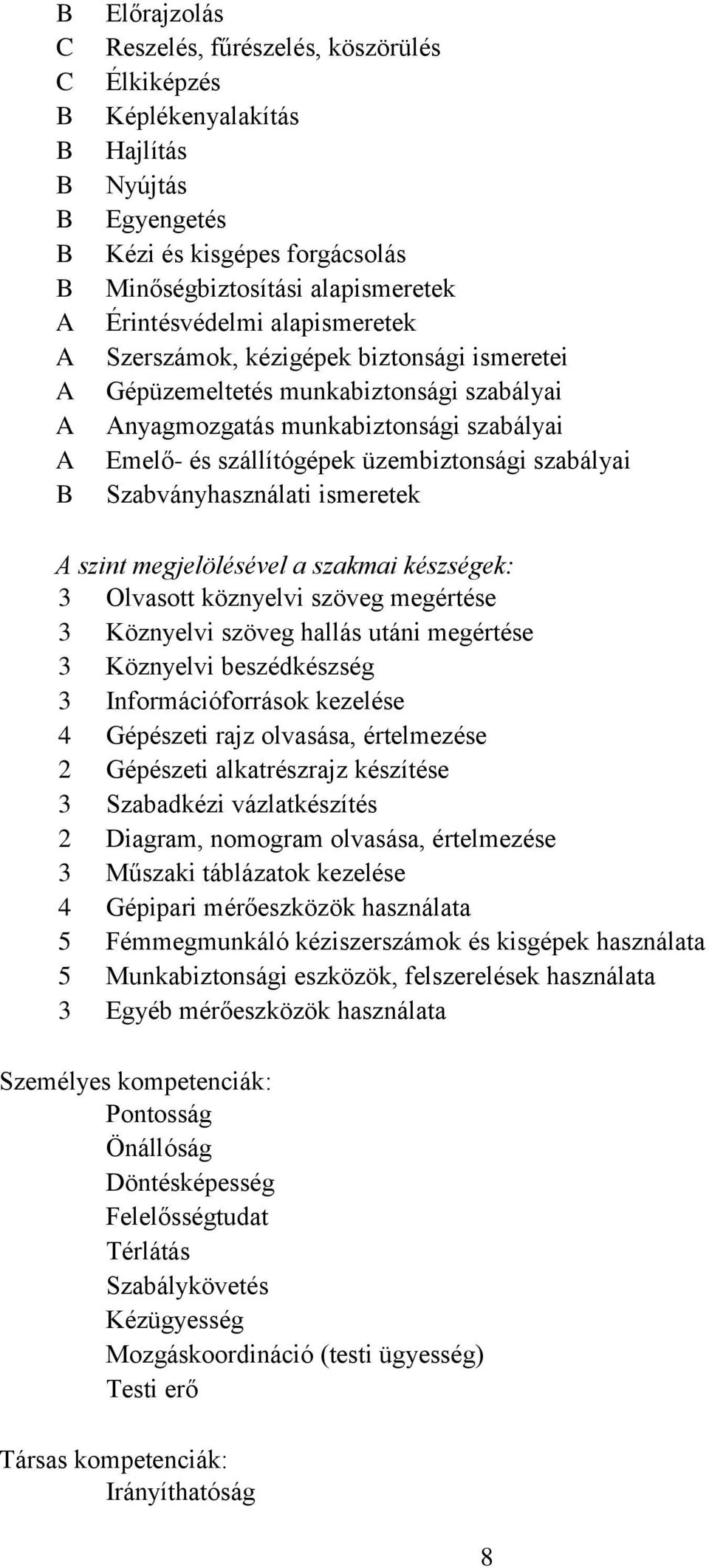 szabályai Szabványhasználati ismeretek A szint megjelölésével a szakmai készségek: 3 Olvasott köznyelvi szöveg megértése 3 Köznyelvi szöveg hallás utáni megértése 3 Köznyelvi beszédkészség 3