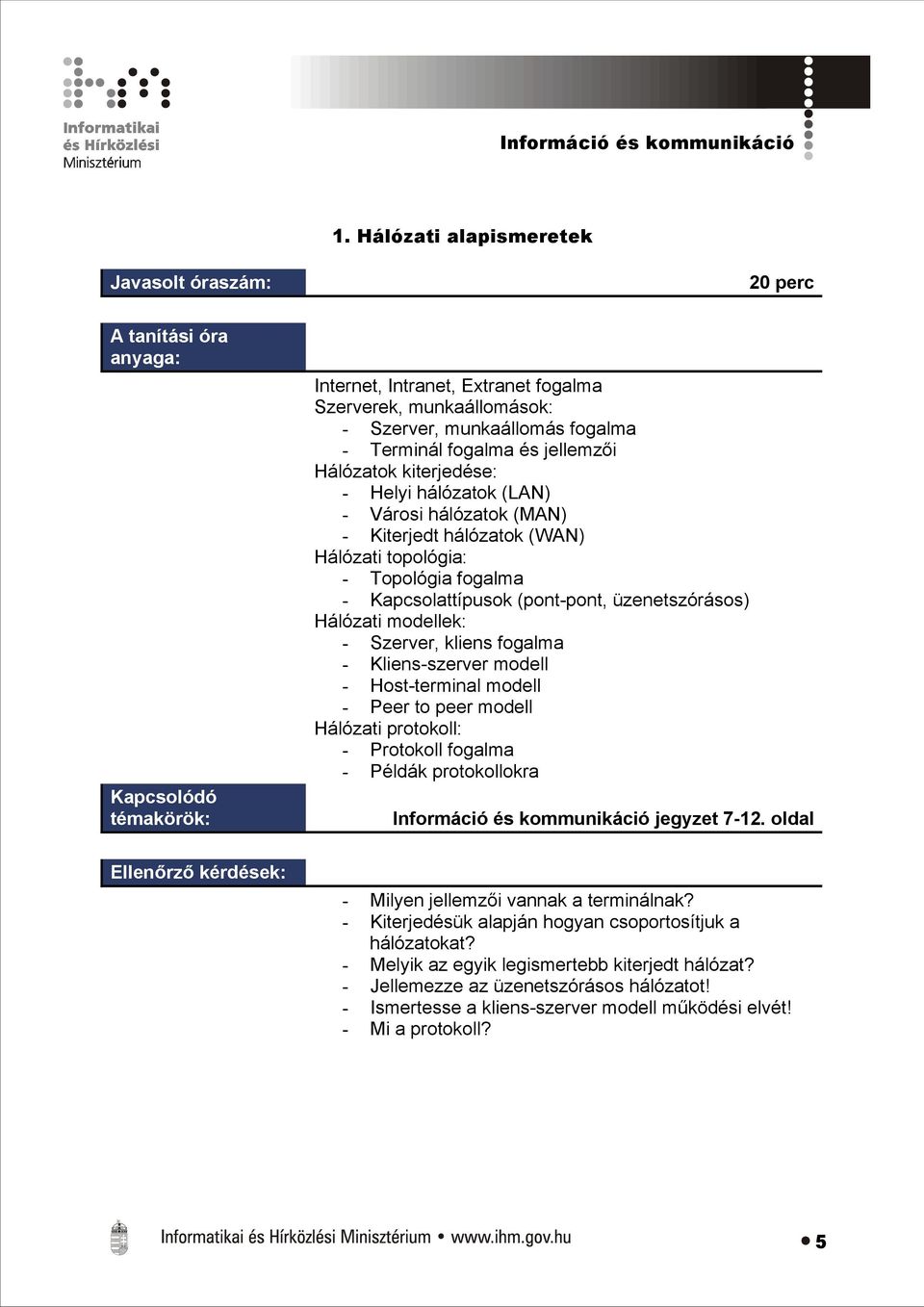 (LAN) - Városi hálózatok (MAN) - Kiterjedt hálózatok (WAN) Hálózati topológia: - Topológia fogalma - Kapcsolattípusok (pont-pont, üzenetszórásos) Hálózati modellek: - Szerver, kliens fogalma -