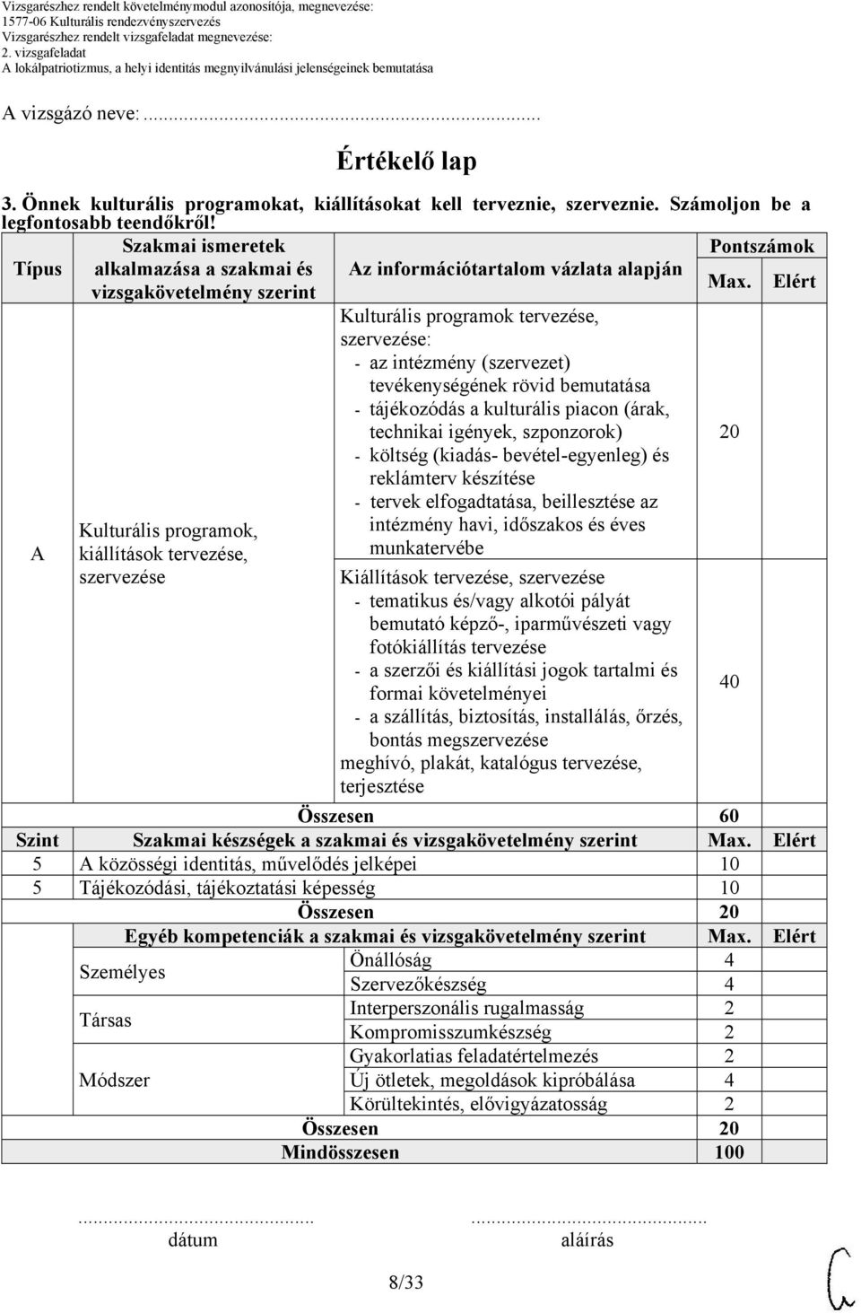 Elért Kulturális programok tervezése, szervezése: - az intézmény (szervezet) tevékenységének rövid bemutatása - tájékozódás a kulturális piacon (árak, technikai igények, szponzorok) 20 - költség