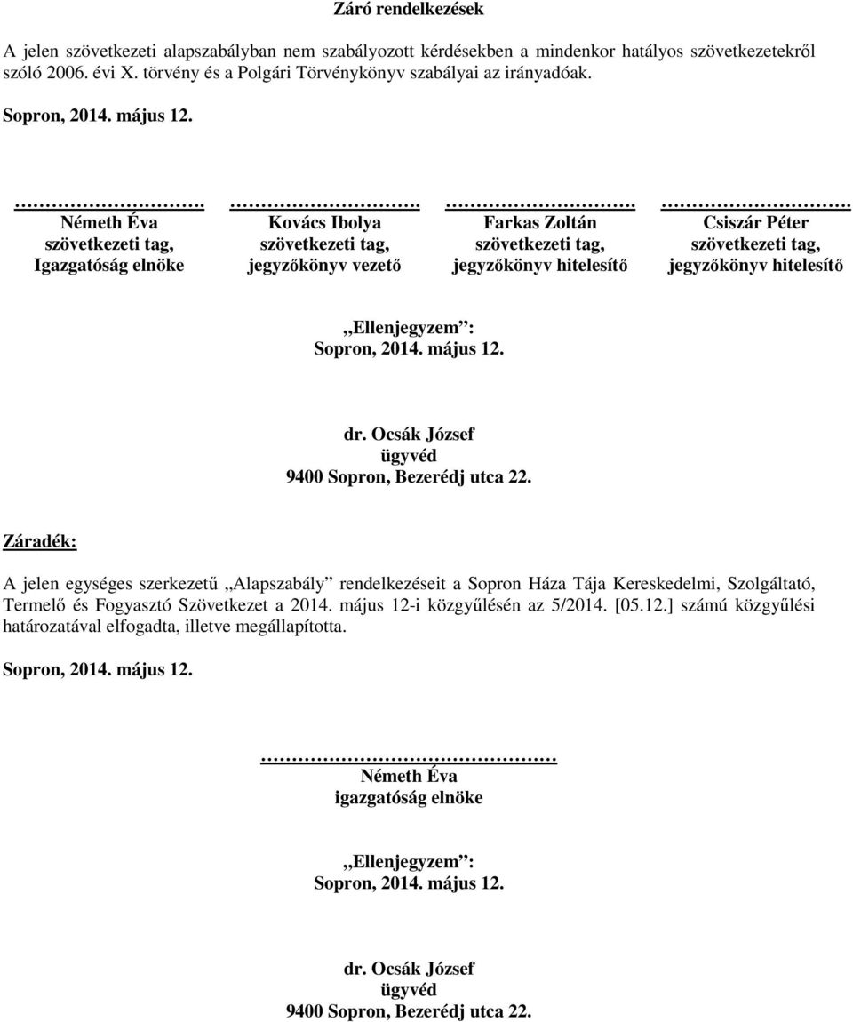.... Németh Éva Kovács Ibolya Farkas Zoltán Csiszár Péter szövetkezeti tag, szövetkezeti tag, szövetkezeti tag, szövetkezeti tag, Igazgatóság elnöke jegyzőkönyv vezető jegyzőkönyv hitelesítő
