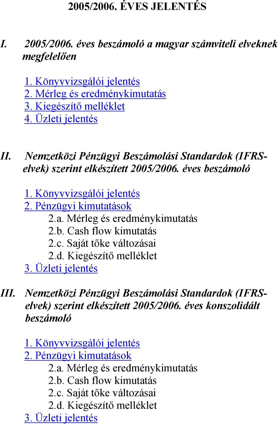 b. Cash flow kimutatás 2.c. Saját tőke változásai 2.d. Kiegészítő melléklet 3. Üzleti jelentés III. Nemzetközi Pénzügyi Beszámolási Standardok (IFRSelvek) szerint elkészített 2005/2006.