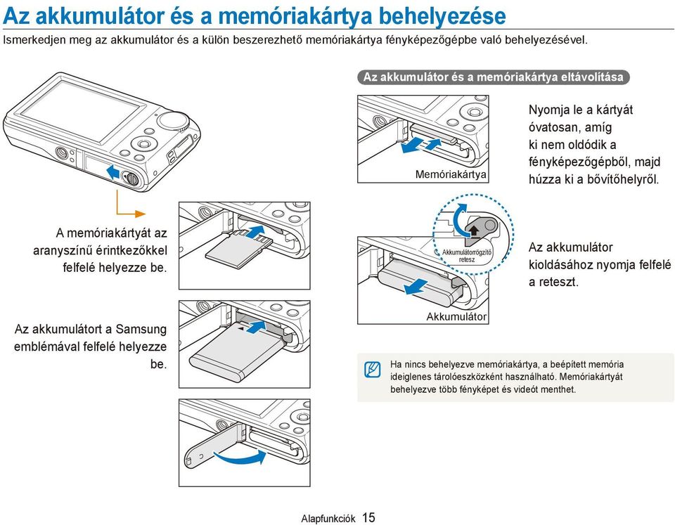 A memóriakártyát az aranyszínű érintkezőkkel felfelé helyezze be. Akkumulátorrögzítő retesz Az akkumulátor kioldásához nyomja felfelé a reteszt.