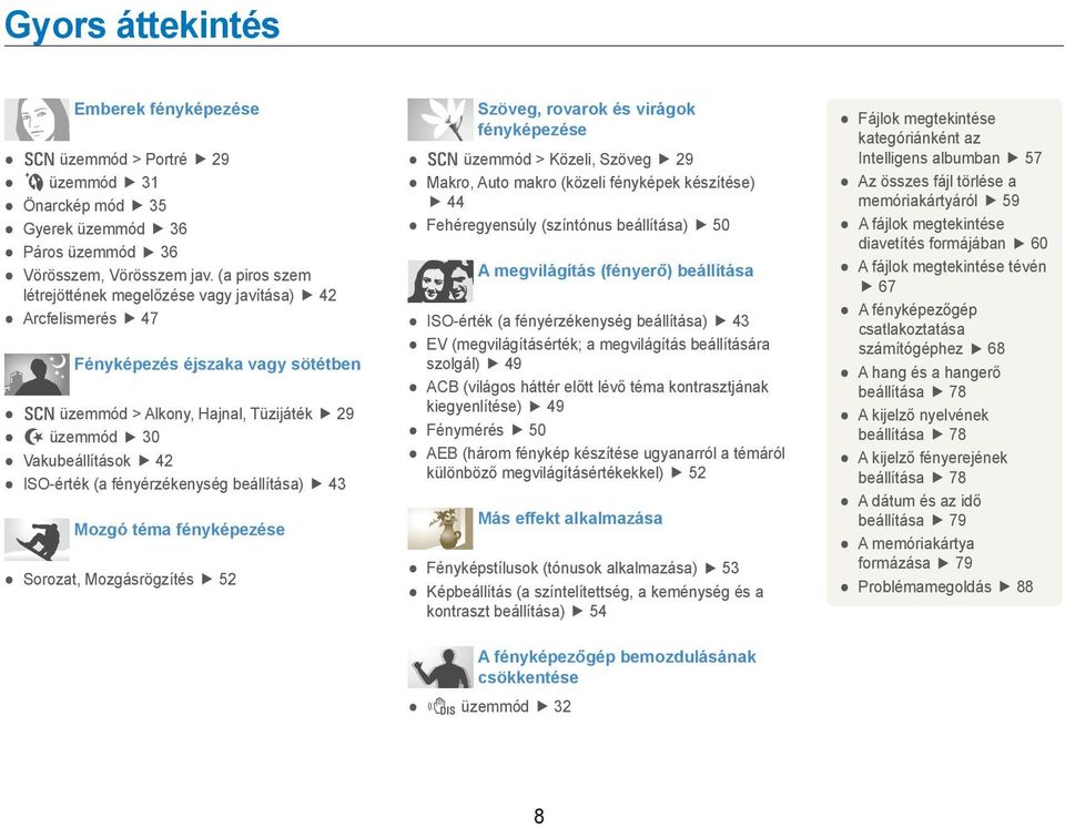 fényérzékenység beállítása) 43 Mozgó téma fényképezése Sorozat, Mozgásrögzítés 52 Szöveg, rovarok és virágok fényképezése s üzemmód > Közeli, Szöveg 29 Makro, Auto makro (közeli fényképek készítése)