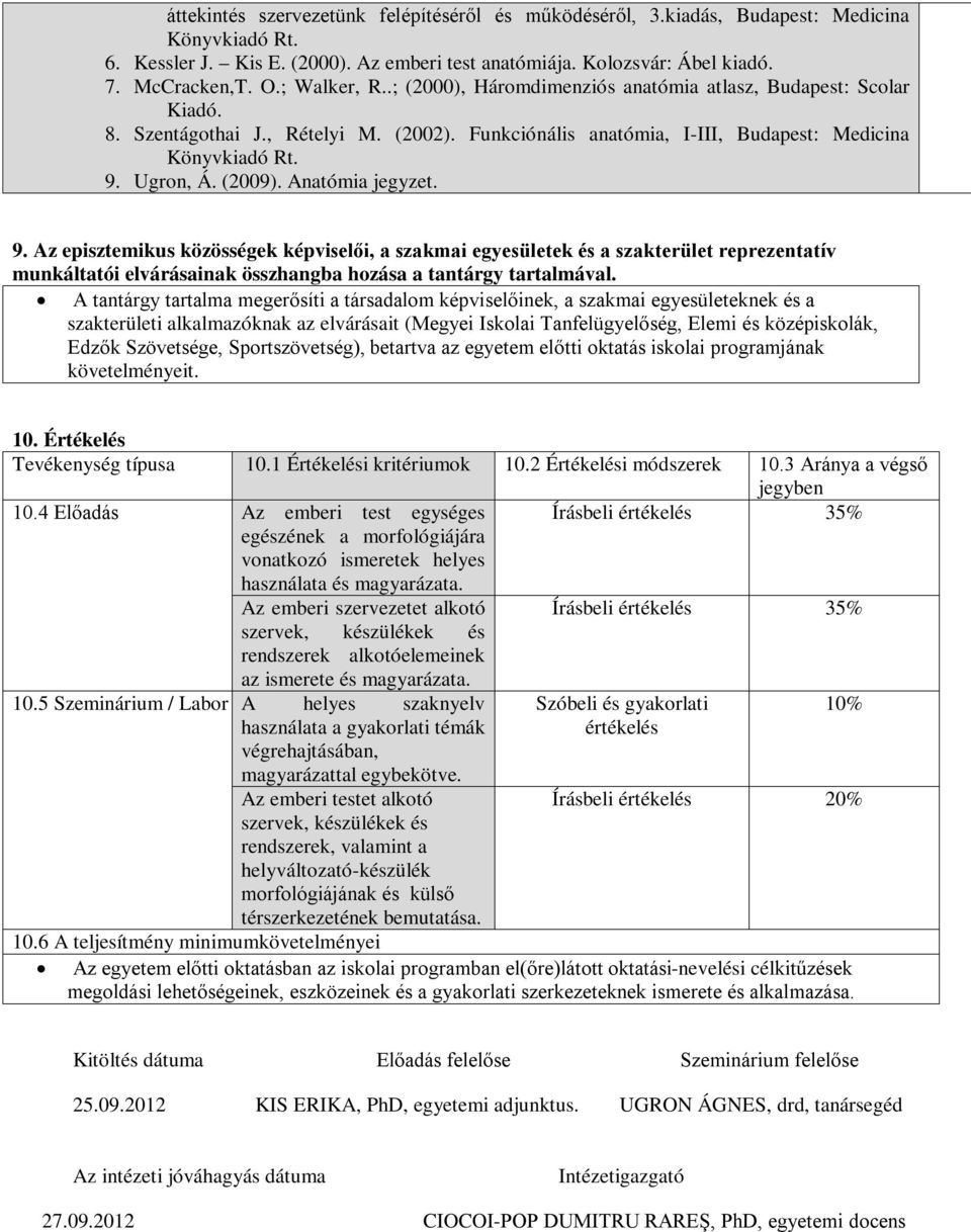 (2009). Anatómia jegyzet. 9. Az episztemikus közösségek képviselői, a szakmai egyesületek és a szakterület reprezentatív munkáltatói elvárásainak összhangba hozása a tantárgy tartalmával.