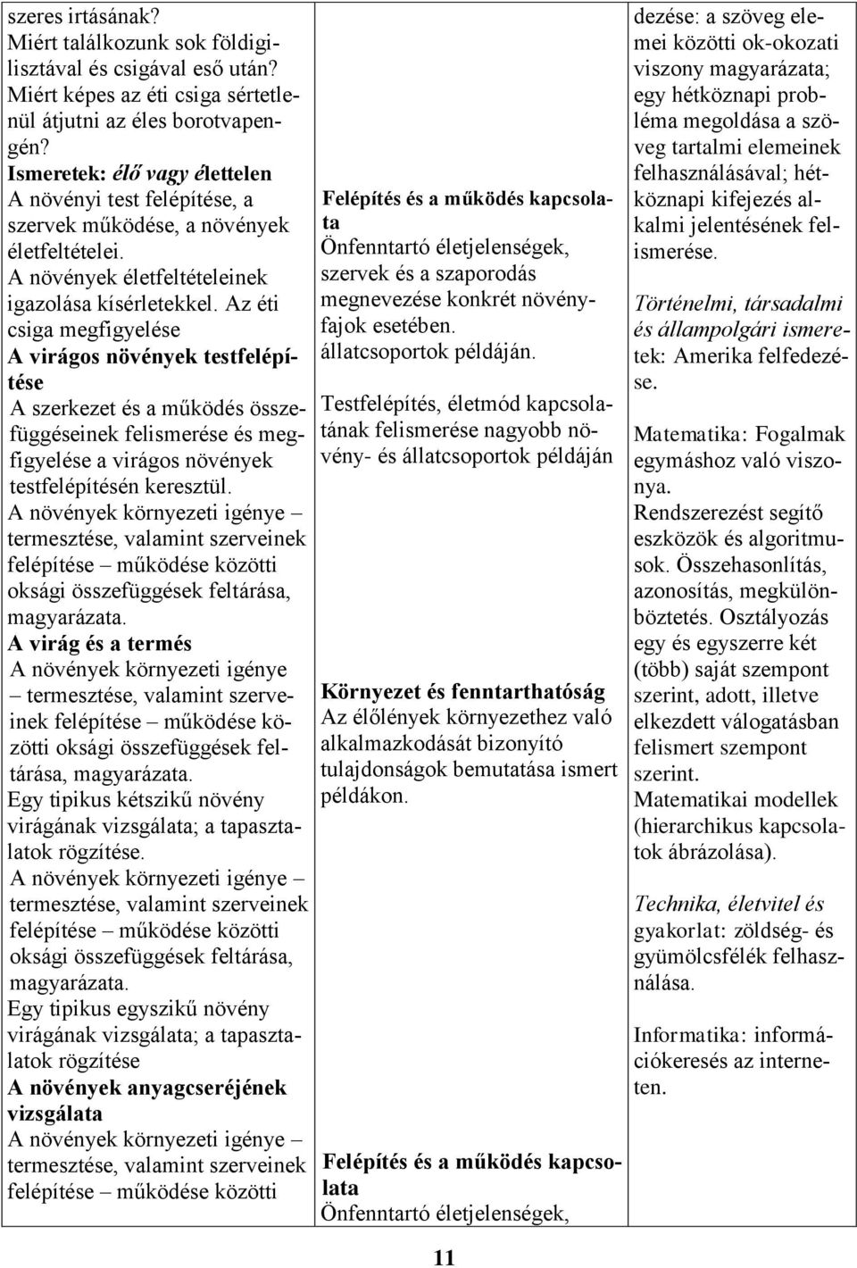 Az éti csiga megfigyelése A virágos növények testfelépítése A szerkezet és a működés összefüggéseinek felismerése és megfigyelése a virágos növények testfelépítésén keresztül.