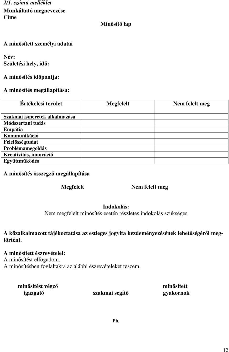 megállapítása Megfelelt Nem felelt meg Indokolás: Nem megfelelt minısítés esetén részletes indokolás szükséges A közalkalmazott tájékoztatása az estleges jogvita kezdeményezésének