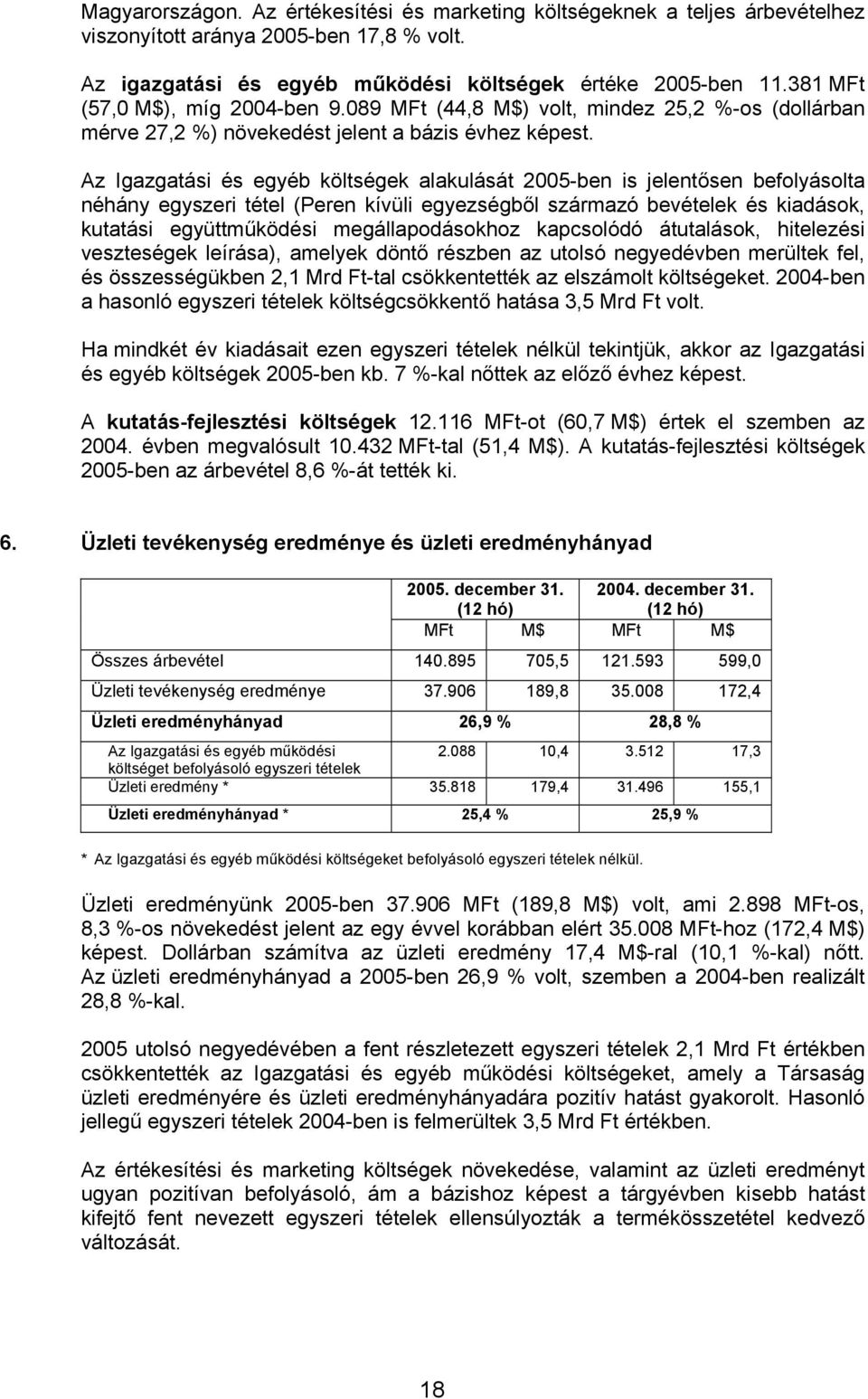 Az Igazgatási és egyéb költségek alakulását 2005-ben is jelentősen befolyásolta néhány egyszeri tétel (Peren kívüli egyezségből származó bevételek és kiadások, kutatási együttműködési