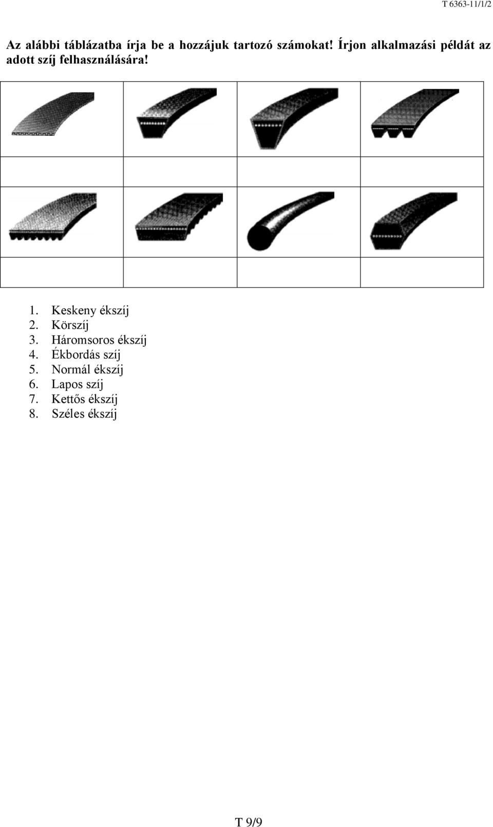 Keskeny ékszíj 2. Körszíj 3. Háromsoros ékszíj 4.