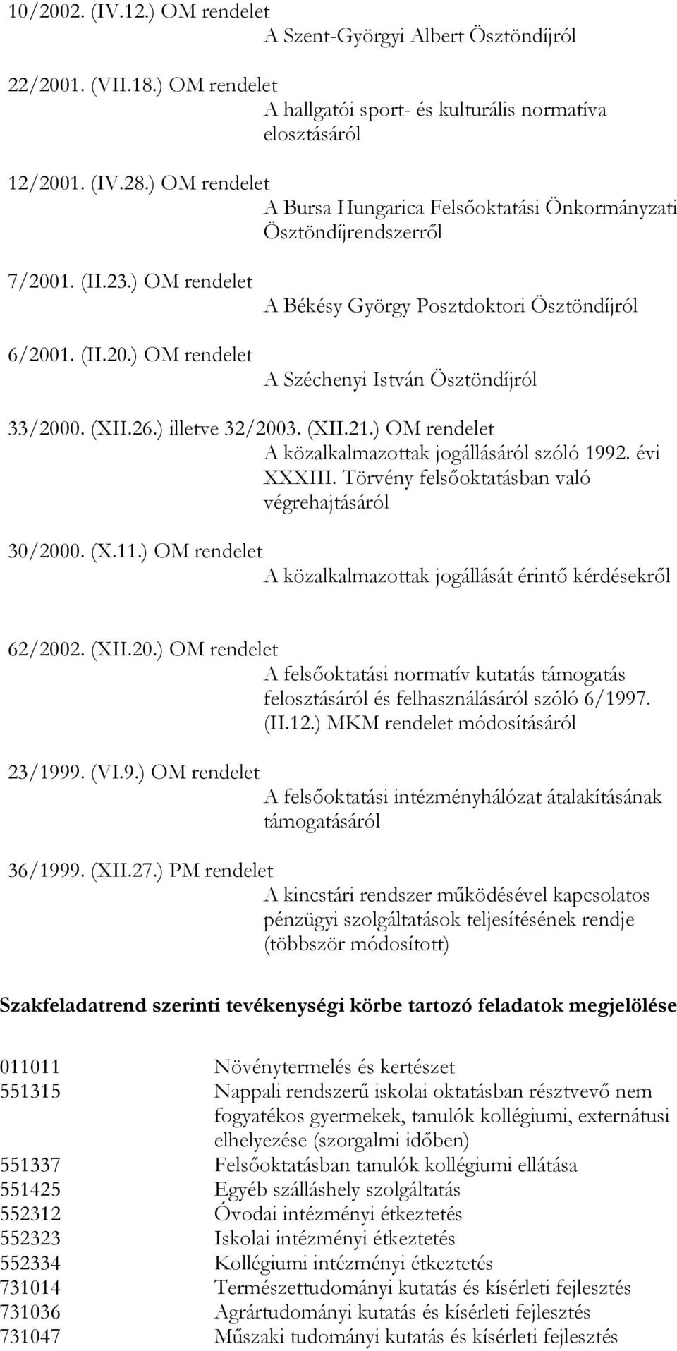 (XII.26.) illetve 32/2003. (XII.21.) OM rendelet A közalkalmazottak jogállásáról szóló 1992. évi XXXIII. Törvény felsőoktatásban való végrehajtásáról 30/2000. (X.11.