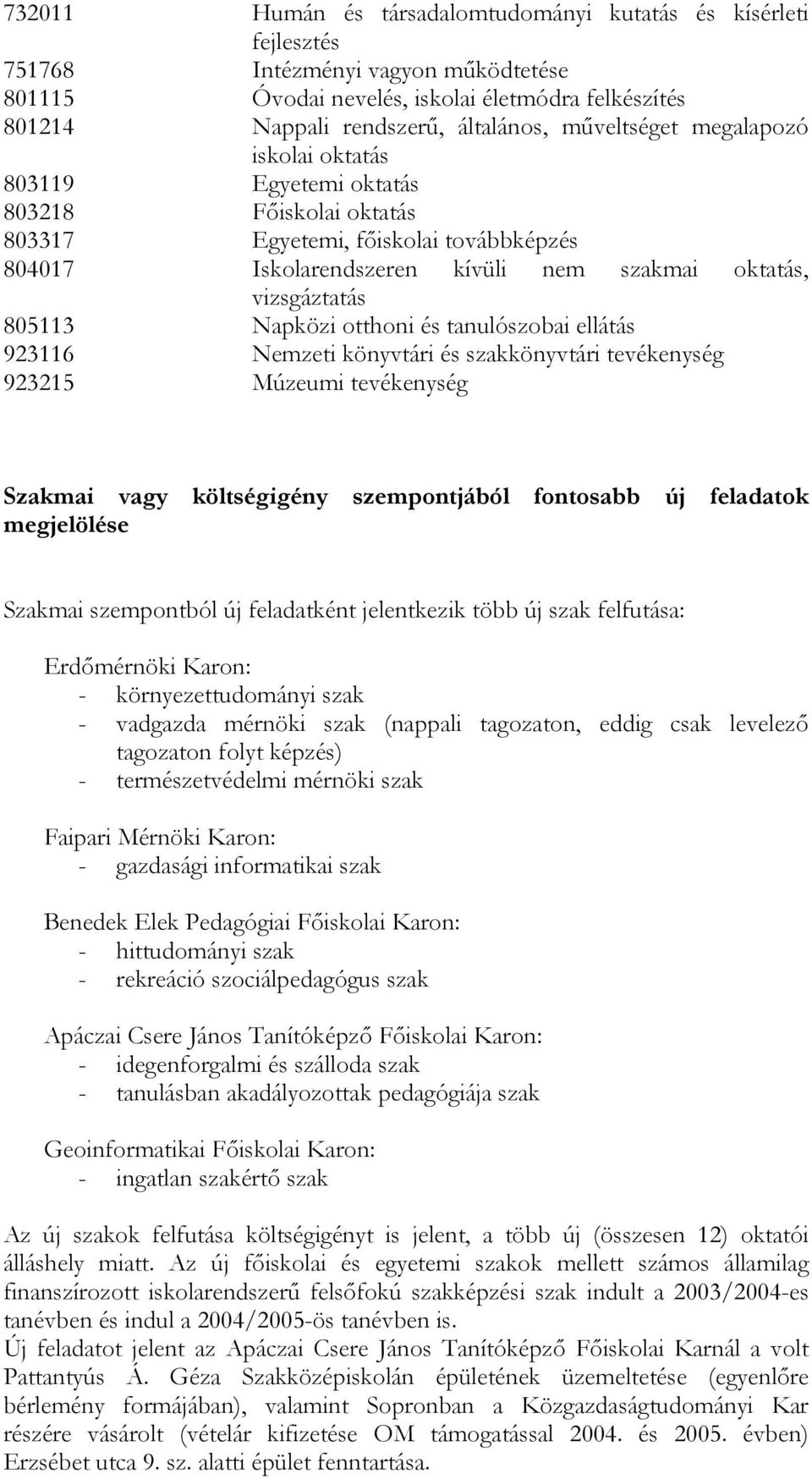 Napközi otthoni és tanulószobai ellátás 923116 Nemzeti könyvtári és szakkönyvtári tevékenység 923215 Múzeumi tevékenység Szakmai vagy költségigény szempontjából fontosabb új feladatok megjelölése