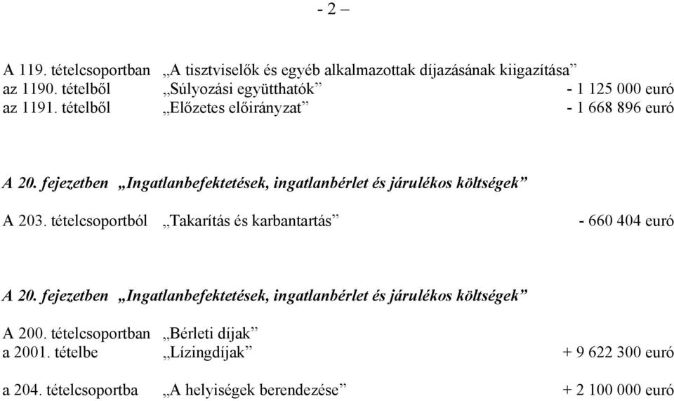 fejezetben Ingatlanbefektetések, ingatlanbérlet és járulékos költségek A 203. tételcsoportból Takarítás és karbantartás - 660 404 euró A 20.