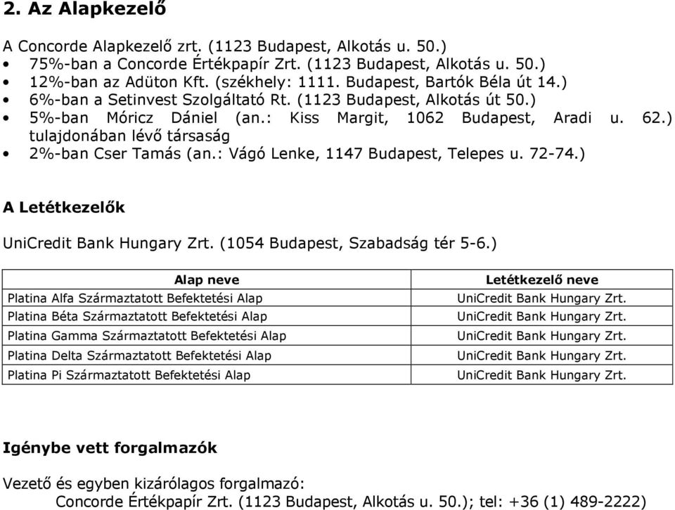 ) tulajdonában lévő társaság 2%-ban Cser Tamás (an.: Vágó Lenke, 1147 Budapest, Telepes u. 72-74.) A Letétkezelők UniCredit Bank Hungary Zrt. (1054 Budapest, Szabadság tér 5-6.