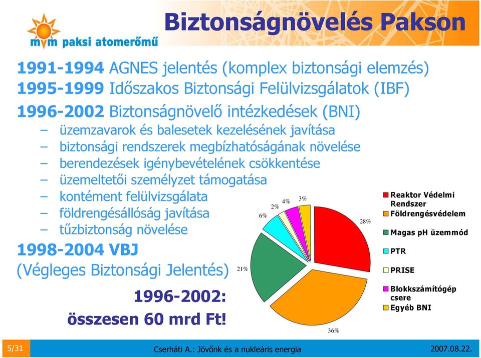 üzemeltetői személyzet támogatása kontément felülvizsgálata földrengésállóság javítása tűzbiztonság növelése 1998-2004 VBJ (Végleges Biztonsági Jelentés)