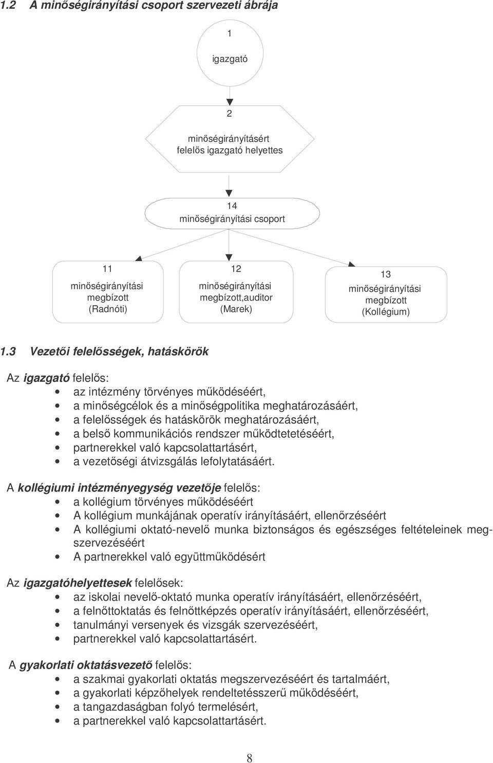 3 Vezeti felelsségek, hatáskörök Az igazgató felels: az intézmény törvényes mködéséért, a minségcélk és a minségplitika meghatárzásáért, a felelsségek és hatáskörök meghatárzásáért, a bels