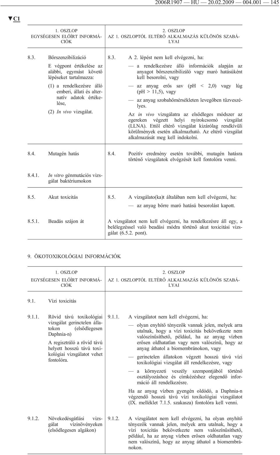 lépést nem kell elvégezni, ha: a rendelkezésre álló információk alapján az anyagot bőrszenzibilizáló maró hatásúként kell besorolni, az anyag erős sav (ph < 2,0) lúg (ph > 11,5), az anyag