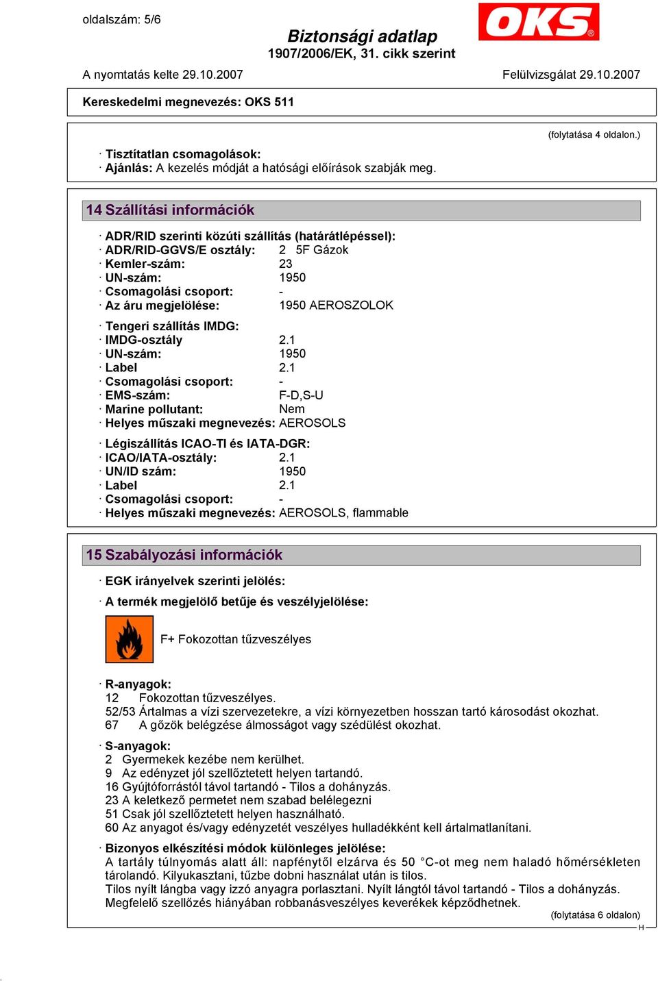 AEROSZOLOK Tengeri szállítás IMDG: IMDG-osztály 2.1 UN-szám: 1950 Label 2.