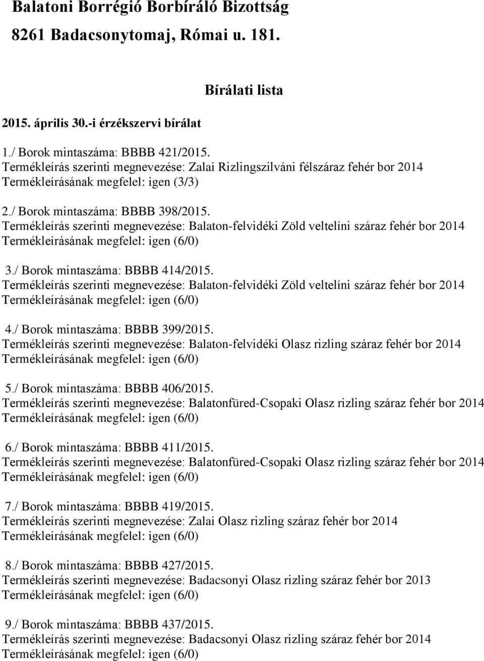 Termékleírás szerinti megnevezése: Balaton-felvidéki Zöld veltelíni száraz fehér bor 3./ Borok mintaszáma: BBBB 414/2015.