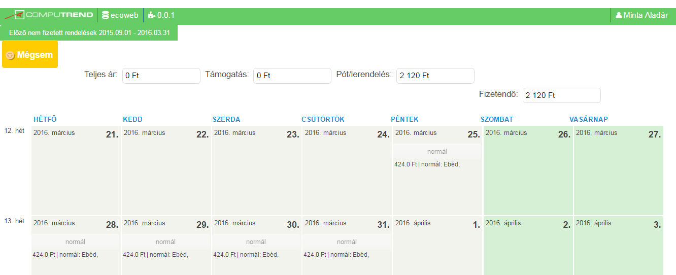 3.2 Adott havi rendelés rögzítés 5.